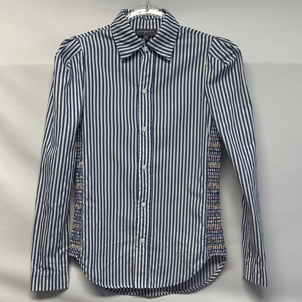 Greyson The Hero Blue White Striped Smocked Side Button Down Shirt XS